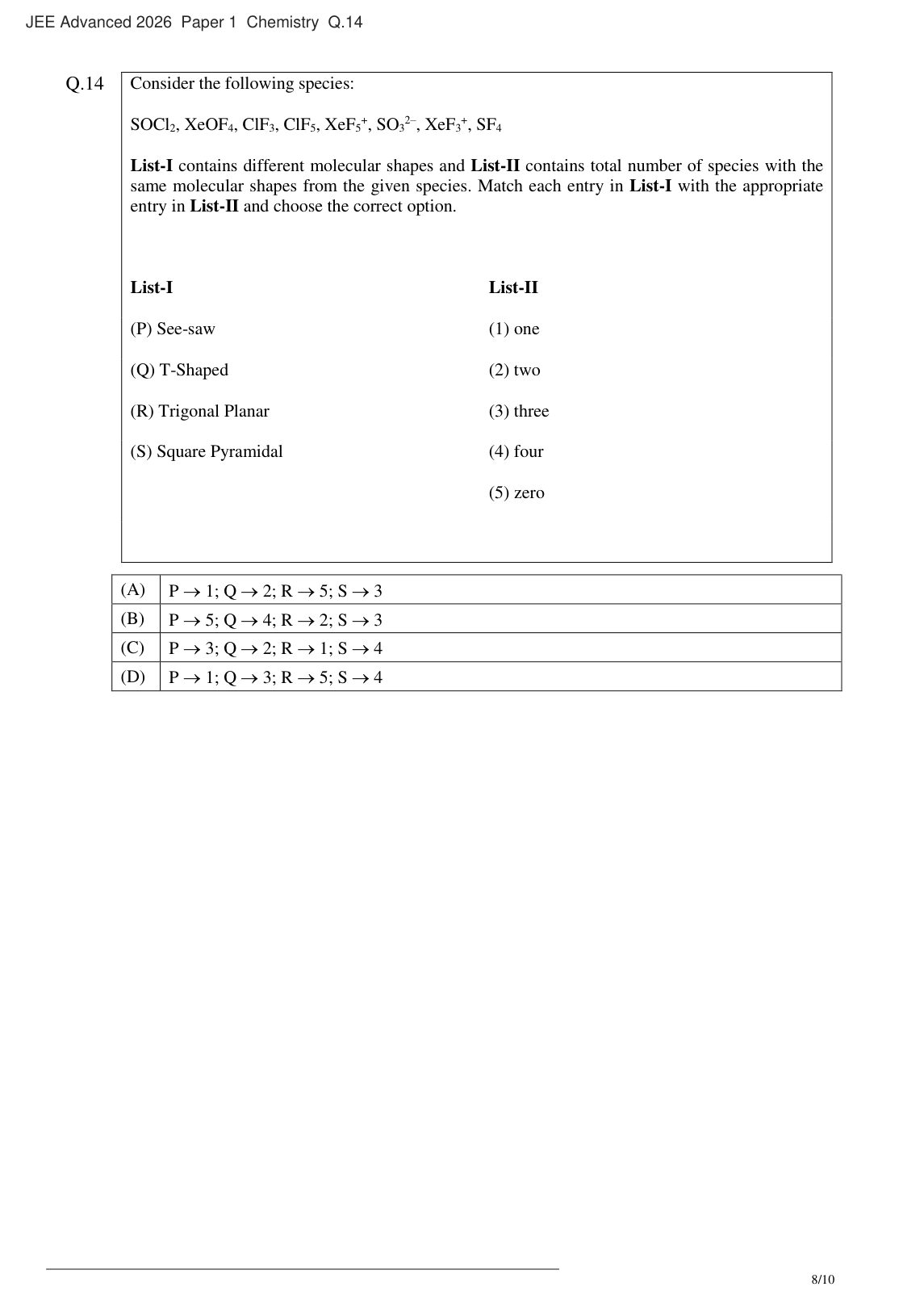 JEE Advanced 2026 Paper 1 Chemistry question 14