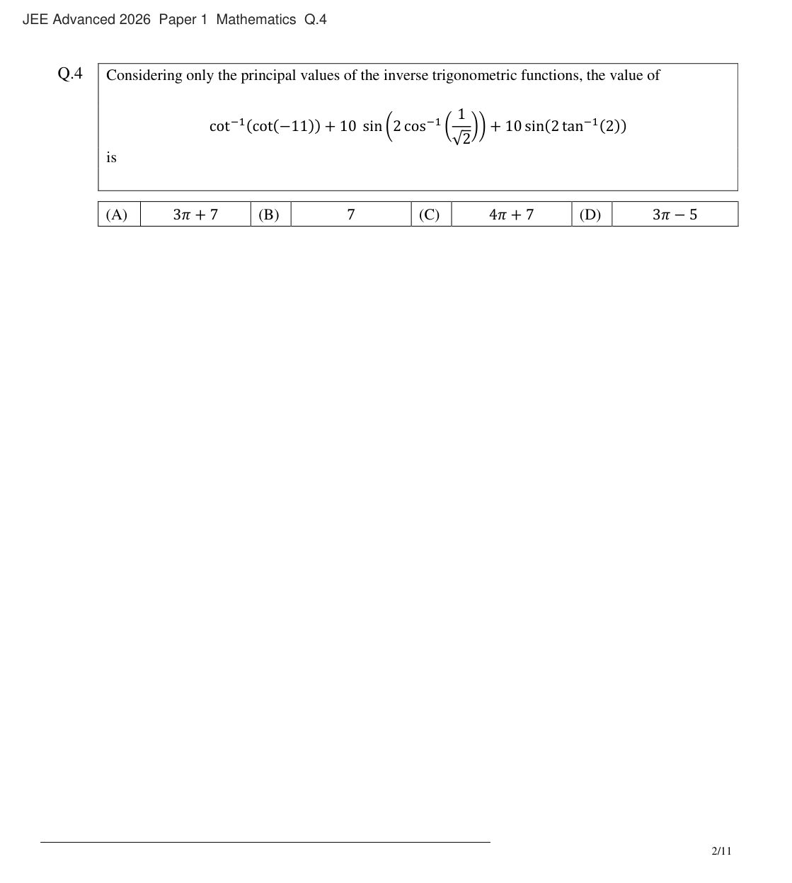 JEE Advanced 2026 Paper 1 Mathematics question 4