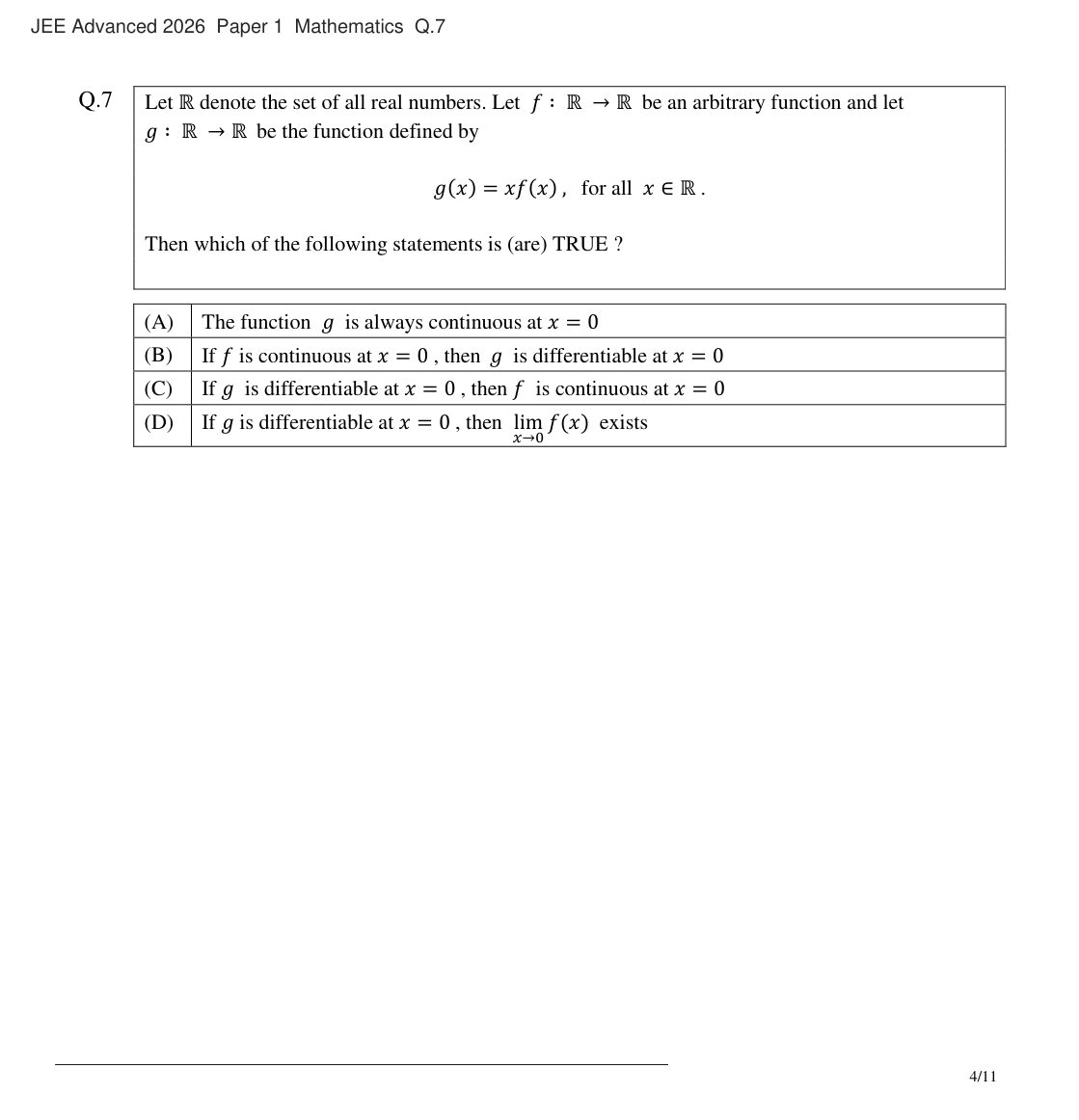 JEE Advanced 2026 Paper 1 Mathematics question 7