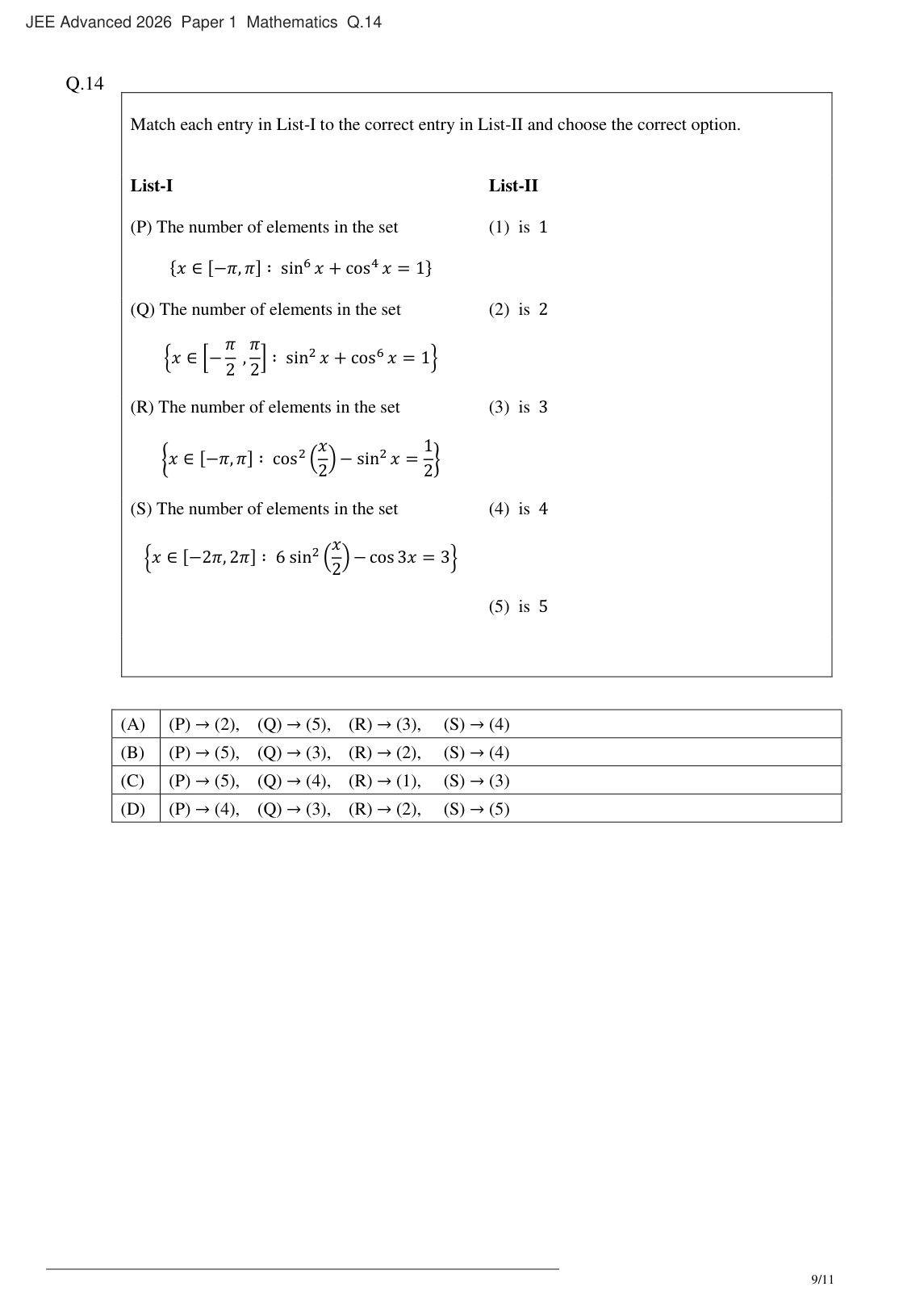 JEE Advanced 2026 Paper 1 Mathematics question 14
