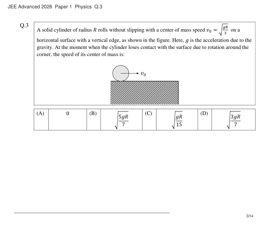 JEE Advanced 2026 Paper 1 Physics question 3