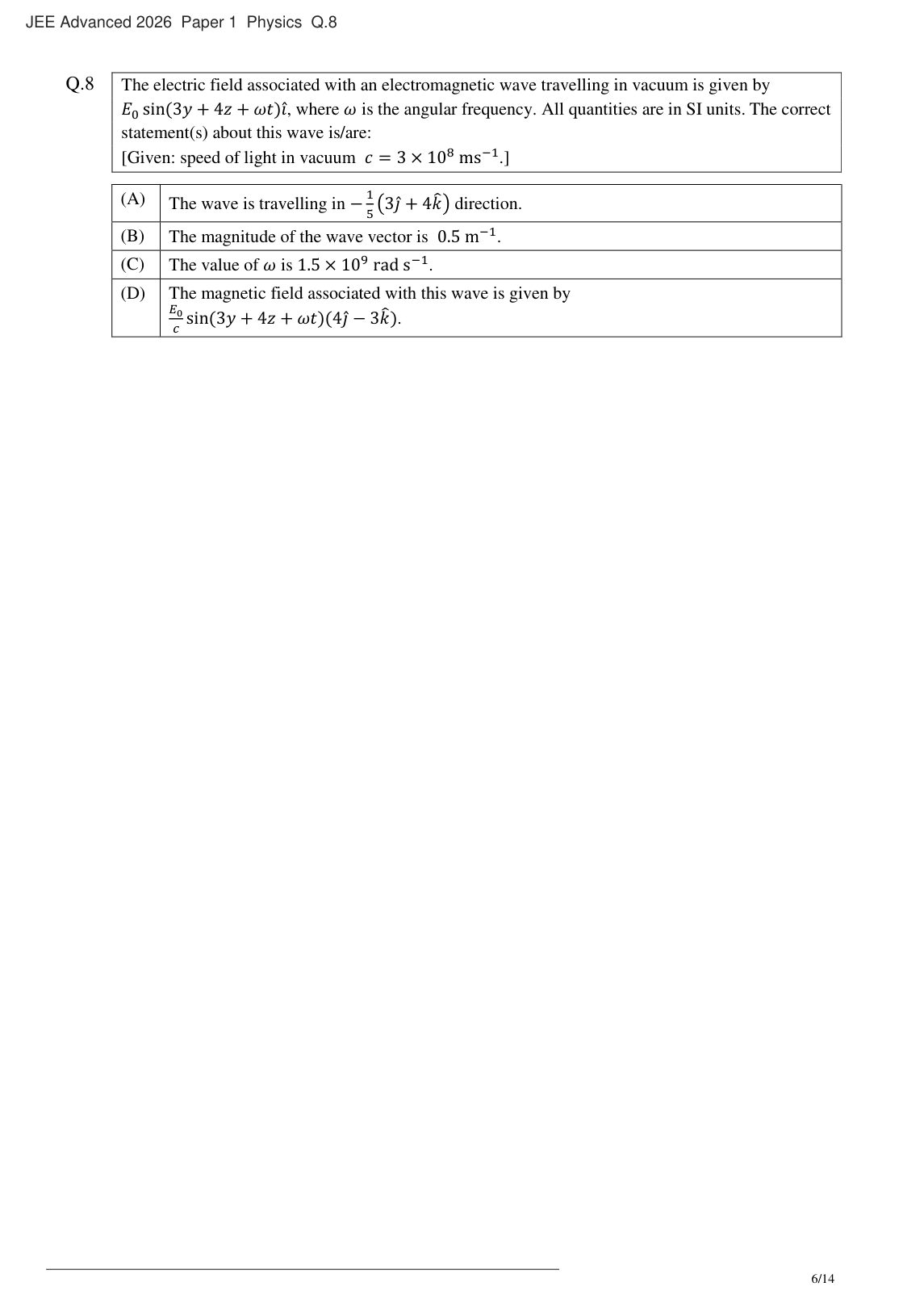 JEE Advanced 2026 Paper 1 Physics question 8