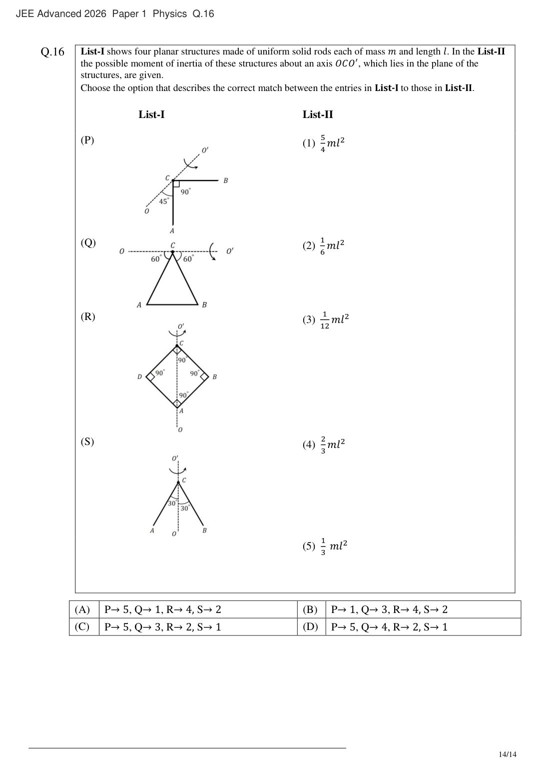 JEE Advanced 2026 Paper 1 Physics question 16