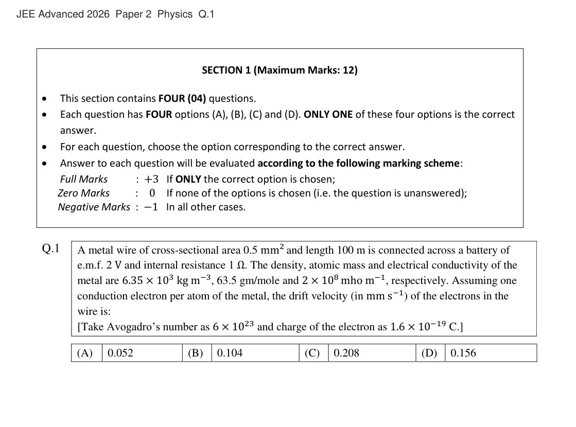 JEE Advanced 2026 Paper 2 Physics question 1