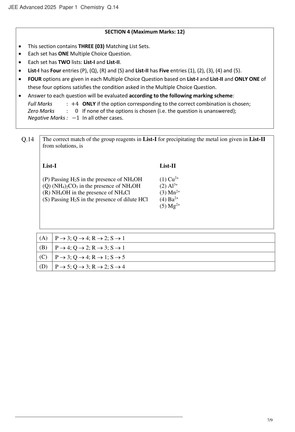 JEE Advanced 2025 Paper 1 Chemistry question 14